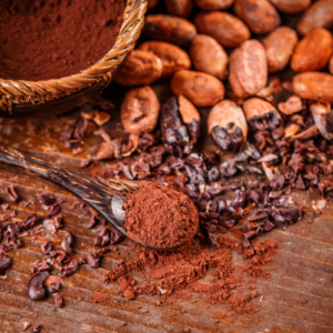 raw cacao beans and powder